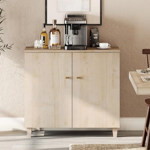 WAMPAT 35.4" Buffet Cabinet w/ 2 Doors, Credenza Storage Cabinet, Light Oak | Modern Small Kitchen Wooden Sideboard with 3 Compartments & Solid Wood Legs for Dining Room, Living room, Hallway, Entryway - color: Light Oak, size: 35.4" W