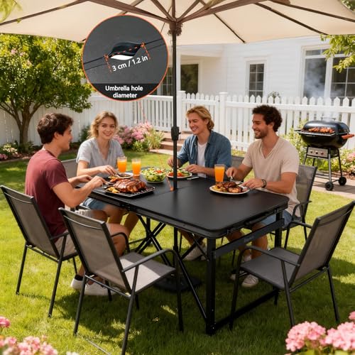 4FT x 2FT Folding Camping Table Adjustable Height with Umbrella Hole, Aluminum Alloy Legs Foldable Portable Outdoor Table for Picnic, Travel, Parties, Kids Craft, Market Vendor Use - size: 4 ft × 2 ft × 2.3 ft H, with Umbrella Hole