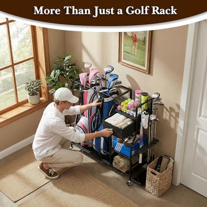 Faesun Golf Bag Organizer for Garage, Golf Bag Storage Rack with 6 Club Slots, Golf Club Organizer with Fabric Drawer & Wheels, Golf Storage Organizer Holds 2 Bags, Golf Rack Storage System