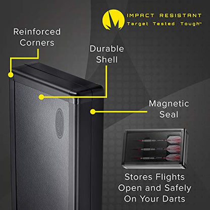 Casemaster Sinister Magnetic Aluminum Dart Case with Precision Cut Space to Hold 3 Steel Tip or Soft Tip Darts and Extra Flights, Shafts and Tips, Magnetic Latch Keeps Case Closed Tight,Grey