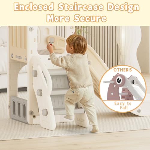 YUFU 5 in 1 Toddler Slide, Kids Slide with Climber, Basketball Hoop and Ball, Outdoor Indoor Playset for Toddlers Age 1-3 (Beige+Coffee) - color: Beige+coffee