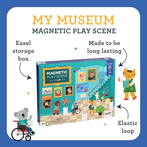 Petit Collage: My Museum Magnetic Play Scene - Fill the Museum with Iconic Art Pieces and Take Your Animal Friends on a Tour- Includes 2 Play Scenes and Over 40 Play Pieces - Great Travel Activity - color: My Museum