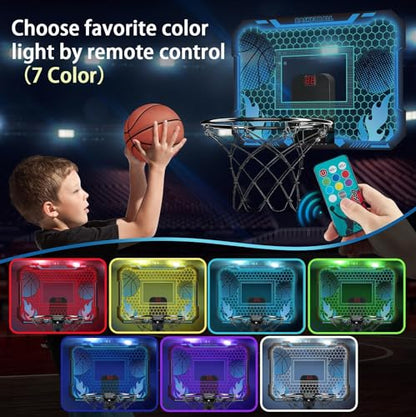 VROGTIK Indoor Basketball Hoop for Kids with Led Lights Mini Basketball Hoop with Remote Control Over The Door Basketball Hoops with Scoreboard Basketball Toys for 4-12 Year Old Boys Girls - style: Blue with Lights