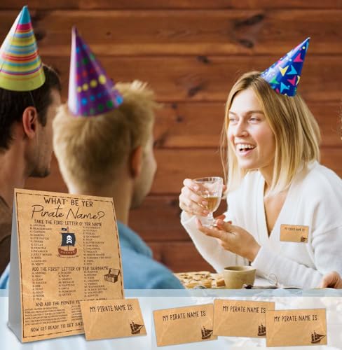 Pirate Birthday Decorations - 30 PCS What's Your Pirate Name Sign and Stickers Set, Treasure Hunt Birthday Party Supplies, Nautical Theme Pirate Party Favor - style: Pirate
