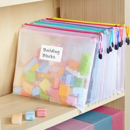Sooez 20 Pack Mesh Zipper Pouch Bags, A4 Letter Size, Zipper Bags with Label Pocket, Waterproof Bag for Classroom Organizer, School Office Teacher Supplies, Storage Pouches for Board Game Toy Storage - style: 20 Pack