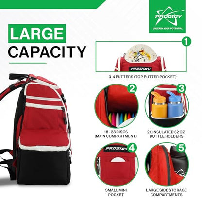Prodigy Disc Apex XL Disc Golf Bag | Large Disc Golf Backpack | Store 34+ Discs | Premium Big Disc Golf Bags with Cooler - color: Red