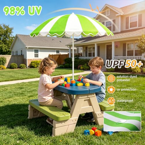 Water Table Umbrella, UV Protection Beach & Picnic Table Umbrella, Heavy Duty Portable Outdoor Shade for Sand Play, Camping, Garden & Backyard. - color: Green-umbrella