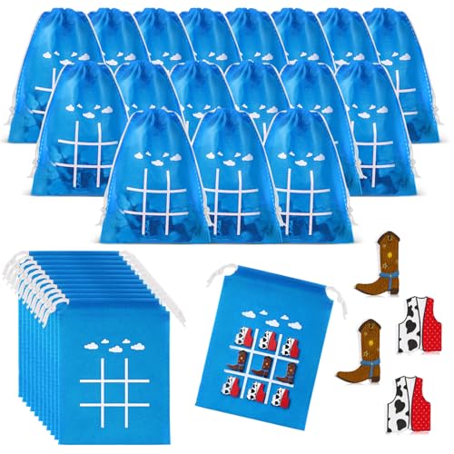 Sotiff 24 Sets Western Cowboy Tic Tac Toe Party Favor Games with Drawstring Bags for Boys Girls Classroom Prizes Exchange Gifts - style: Western Cowboy