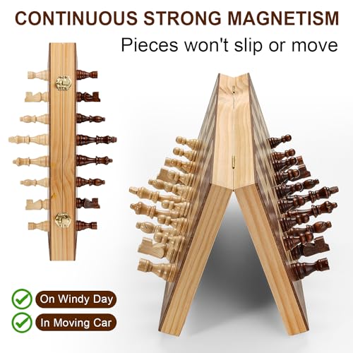 Vahome Magnetic Chess Set for Adults & Kids, 15" Wooden Folding Chess Boards, Handcrafted Portable Travel Chess Game with Pieces Storage Slots, 2 Extra Queens - size: 15 inches