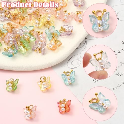 Stiesy Transparent Acrylic Butterfly Charms with ABS Pearl 50Pcs, Mixed Color 3D Insect Dangle Charms Pendants for Jewelry Making, DIY Craft Projects and Present Supplies - color: Butterfly-50pcs