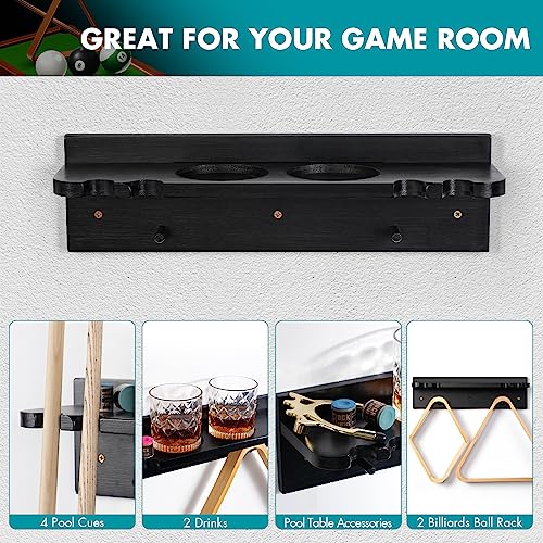 XCSOURCE Bamboo Pool Cue Holder Wall Mount, 4 Cue Rack with Ball Rack & Drink Holder, Black, 15.7 x 4.3 x 4.3 Inches - color: Black, 4 Pool