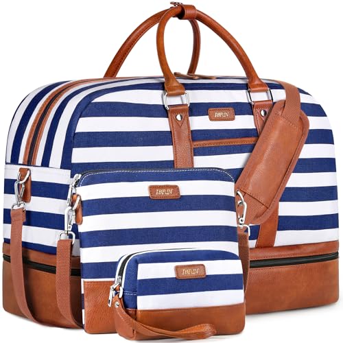 Weekender Bag for Women, Large Overnight Bag Canvas Travel Duffel Bag Carry On Tote with Shoe Compartment 21" 3Pcs Set - color: A14-brown+blue & white stripes