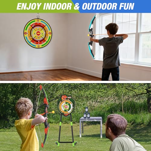 HYES 2 Pack Kids Bow and Arrow with 29" Large Dart Board, LED Light Up Archery Set with 24 Suction Cup Arrows, Indoor Outdoor Sport Toys Gifts for 3 4 5 6 7 8 9 10 11 12 Year Old Boys Girls - size: 2 pack-dartboard target