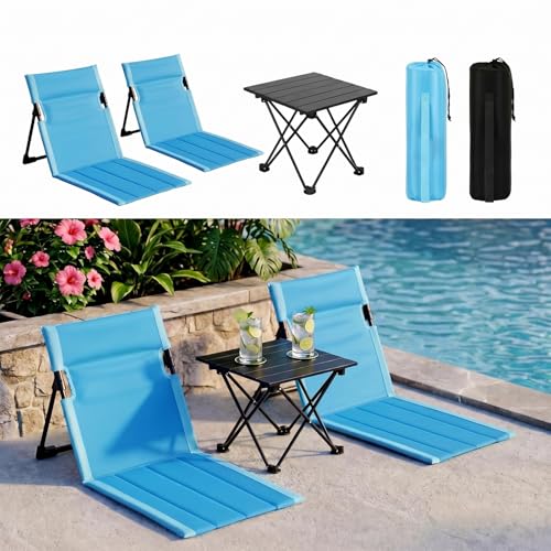 Gerrii 3 Pcs Foldable Poolside Beach Chairs Set with Side Table for Edge of Pool Portable Beach Chairs Folding Pool Seats with Back Support Carry Bag for Adults Traveling Camping Picnic Lawn