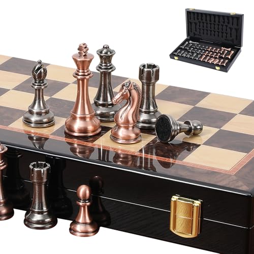 Ajedrez Luxury 15" Wooden Chess Set - Folding Board with Piano Finish | Weighted Metal Chess Pieces | Portable Travel Game for Adults & Kids | Premium Gift (Luxury Edition)