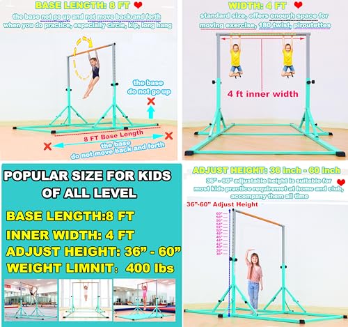 Marfula Gymnastic Bar For Kid and Teenage of 3-25, 5Ft/8 FT Base Length 4Ft Width 5Ft Adjust Height, Gymnastic Kip Bar For Gymnast, Gymnastic Training Equipment For Professional Training Home Club Use - color: Teal (Bar with Mat - 8Ft Base)