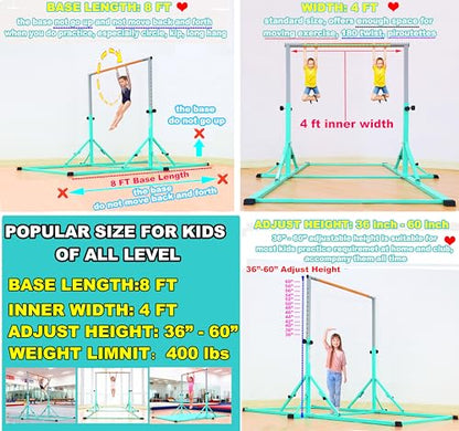 Marfula Gymnastic Bar For Kid and Teenage of 3-25, 5Ft/8 FT Base Length 4Ft Width 5Ft Adjust Height, Gymnastic Kip Bar For Gymnast, Gymnastic Training Equipment For Professional Training Home Club Use - color: Teal (Bar with Mat - 8Ft Base)