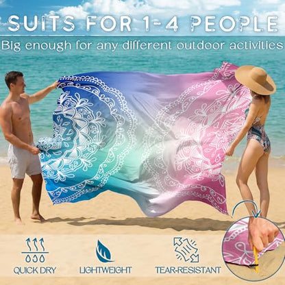 BYDOLL Beach Blanket Waterproof Sandproof Large Sand Free,78''X81''/10'X9' Oversized Sandless Lightweight Blanket Picnic Mat for Beach Travel Camping Hiking with Stakes - color: Half Mandala, size: 78"X81"
