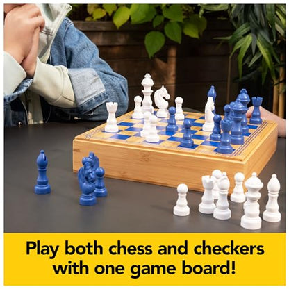 Mindful Classics, Chess Checkers Board Game Set with Bamboo Wooden Box Family Board Games Eco-Friendly Gift, for Adults and Kids Ages 8 and up