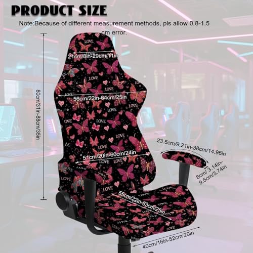 Suobstales Butterfly Heart Love Pattern Gaming Chair Cover, 4pc/Set Office Chair Cover with Armrest/Back Covers/Chair Seat Cover, Stretch Computer Video Game Office Chair Cover Valentine's Day Decor - color: Butterfly Heart Love