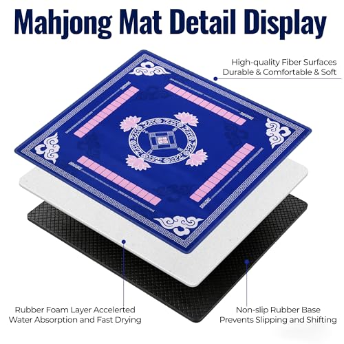 Mahjong Mat with Rules 31.5"x31.5" with Dice,2026 Mah jongg Card & Bag,Blue | Non-slip Noise-reducing Travel Game Night Christmas Mother’s Day Gift for Mahjong Lovers Family Gathering Poker Dominoes Mat - color: Blue