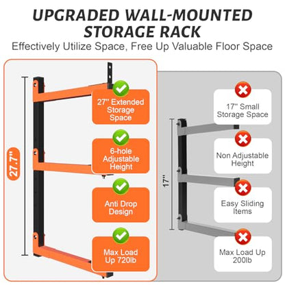 27" Lengthened Lumber Storage Rack, 6-Hole Adjustable Wall Mount Wood Organizer Storage Metal Shelves for Garage (4 Pack) - style: 4 Pack