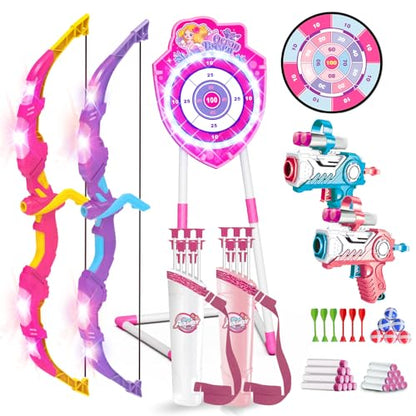 VATOS 2 Pack Bow and Arrow Toy with LED Light - 4 in 1 Archery & Dart Game Set with 20 Suction Cup Arrows, Mermaid Glow Target & Dart Board - Indoor/Outdoor Birthday Gift for Kids Boys Girls Ages 5-12 - color: Pink