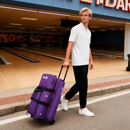 Triple Roller Bowling Bag with Wheels, Heavy Duty 3 Ball Bag for League & Recreational Bowlers - color: Purple