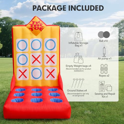 Inflatable Ball Toss Carnival Game with Built-in Blower, Portable Tic-Tac-Toe Toss Game for Backyard Party, School Carnival & Family Fun Event - style: Tic-Tac-Toe