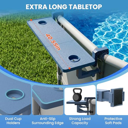 Poolside Bar For Above Ground Pool, Outdoor Pool Bar Table for Above-Ground Round Pool,40.5in Length Adjustable Poolside Table Pool Shelf with Pool Drink Holder, Above Ground Pool Accessories