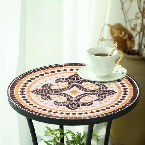 VCUTEKA Outdoor Side Table Mosaic Patio Table Accent Tables Mosaic Tile Top Metal Frame Small End Tables Porch Beach Patio Garden Balcony Tan - color: Tan