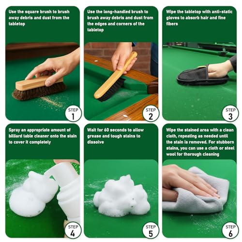 8pcs Pool Table Cleaning Kit - Powerful Cleaner Quickly Breaks Down Chalk & Stains, Restores Felt Smoothness - With Crevice Cleaning Brush and Anti-Static Glove - Gift for Billiard Enthusiasts
