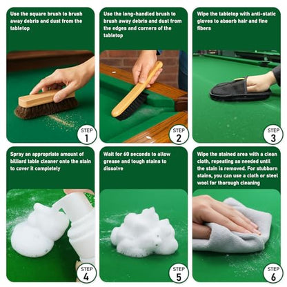 8pcs Pool Table Cleaning Kit - Powerful Cleaner Quickly Breaks Down Chalk & Stains, Restores Felt Smoothness - With Crevice Cleaning Brush and Anti-Static Glove - Gift for Billiard Enthusiasts