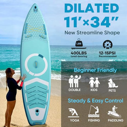 Inflatable Paddle Board,Stand Up Paddle Board Set, Extra Wide SUP Board with Removable Fin, Floating Paddle, Hand Pump, Waterproof Phone Pouch,Traveling Board - color: FT green