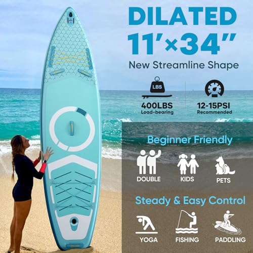 Inflatable Paddle Board,Stand Up Paddle Board Set, Extra Wide SUP Board with Removable Fin, Floating Paddle, Hand Pump, Waterproof Phone Pouch,Traveling Board - color: FT green