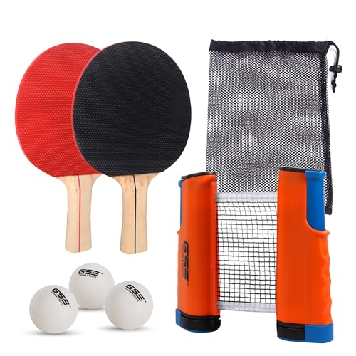 GSE Games & Sports Expert Adjustable Retractable Ping Pong Net Set & Post. Professional Table Tennis Rackets and Balls, Net with Posts and Storage Bag - Pingpong Paddle and Game Table Accessories. | Adjustable - color: Table Tennis Set-Orange
