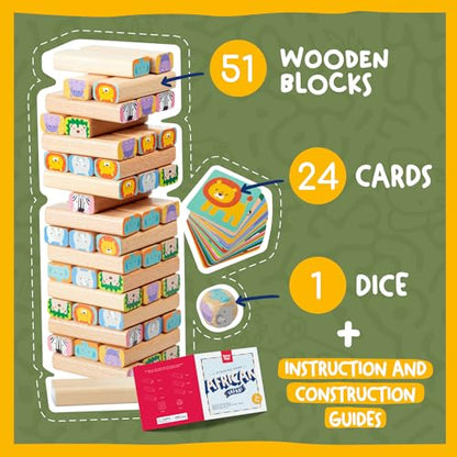 Nene Toys Wooden Block Stacking Game – 4-in-1 Tumble Tower Family Board Game with Building Blocks, Cards and Dice – African Safari Educational Wooden Toy for Kids 3-9 Years Old About Animals - style: Safari