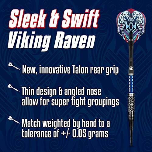 Shot Darts Soft Tip, Viking Raven (18g/20g) 90% Tungsten Barrels, Center Balanced with with Dual grip Handcrafted Professional Dart Set and Flights Made in New Zealand Plastic Tip Bar Darts for Adults