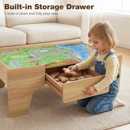 Costzon 110-Piece Wooden Train Table with Drawer for 3+ Years Old Toddlers | 3-in-1 Kids Activity Play Set w/ Reversible Tabletop, Storage Space, Train Tracks, Figures, Vehicles, and Buildings - size: 42" x 25" x 16" (L x W x H)