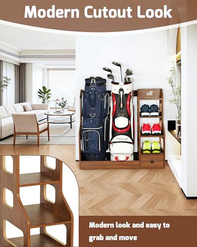 Mythinglogic Wooden Golf Bag Storage Rack, Golf Organizer with Shoe Shelves, Ball Holder & Drawer, MDF Golf Equipment Storage Cabinet for Home, Garage or Simulator Room - size: 2 golf bag rack-Brown
