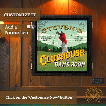 Personalized Dart Board Cabinet Set with 6 Steel Tip Darts, Paper Dartboard, Chalk & Eraser (21.5 x 21.5 x 2.75) - Man Cave Dart Boards for Adults - style: Golf Clubhouse