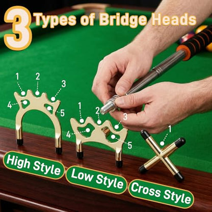 Pumtus Retractable Pool Cue Bridge, Billiards Cue Rest with 3 Pieces Removable Alloy Bridge Head, Snooker Pool Cue Bridge Stick, Billiards Table Accessories for Pool Table, Game, Competition