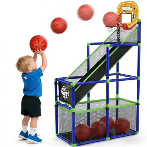 EagleStone Arcade Basketball Hoop Game Indoor, Ajustable Height Indoor Basketball Hoop with 4 Balls Storage Design for Kids,Perfect Sports Outdoor Play Toys for Kids Age 3 to 6 Years - color: Blue Yeallow Baord