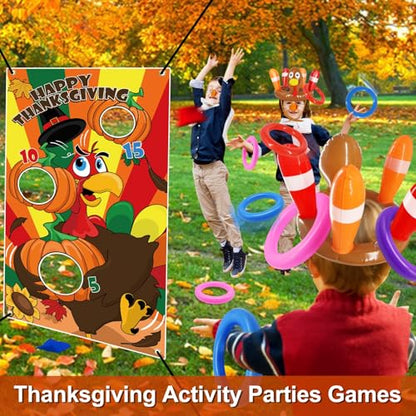 3 Pack Thanksgiving Party Games for Kids Total 18 Pieces Toys Including Inflatable Turkey Hats Ring Toss & Bean Bag Toss & Turkey Beaks Carnival Party Favors Supplies for Family Indoor Outdoor Yard