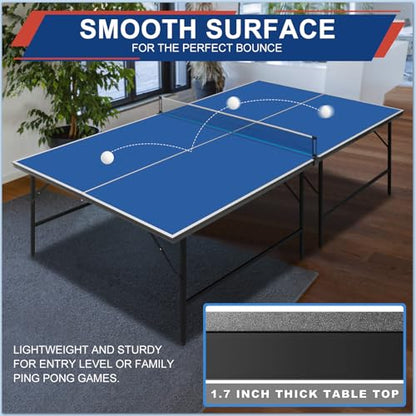 Portable Ping Pong Table, Foldable Indoor Table Tennis Game with 2 Paddles 2 Balls and Net, Quick Assembly Folding Table for Adults and Teens Home Game Room - color: 9ft-blue