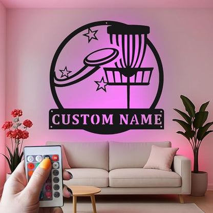 Custom Disc Golf Basket Led Light Metal Wall Art Personalized Gift for Disc Golfers Game Room Decor 4