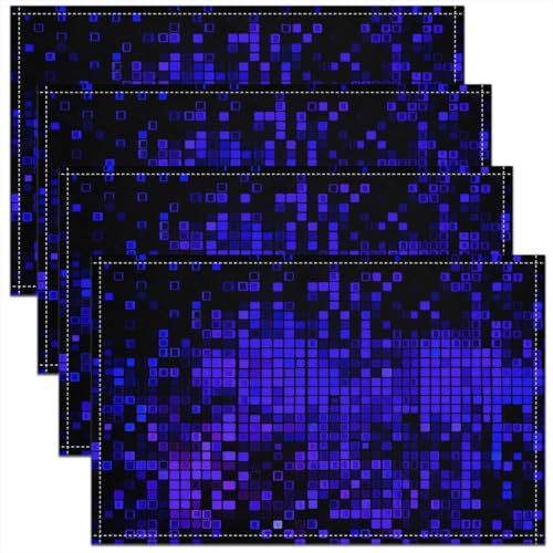 Erosebridal Blue Black Pixelated Placemats - Checkered Geometric Abstract Art Place Mat Set of 4, Gaming Gamer Table Mats 12x18 Inch for Kids Boys Teen, Plaid Neon Table Decor for Party Kitchen - color: Blue and Black