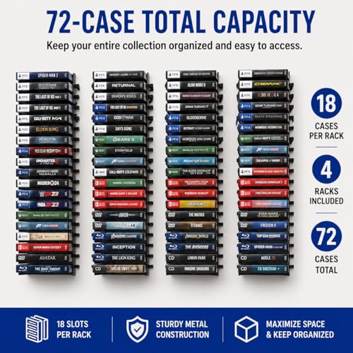 4-Pack Video Game Storage Wall Mount, Black Metal Shelves with 8 Screws & 8 Plastic Expansion Tubes, Media Storage Holds 72 Discs Fit for PS, Xbox, Switch