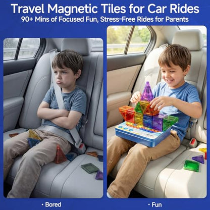 WMXDU 60 PCS Magnetic Tiles Travel Set for Kids, Portable Magnetic Building Blocks with Tin Box, Car Rides Airplane Road Trip Activities, Birthday Gift for Boys - style: 60pcs-Blue