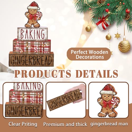 DIYDEC 4Pcs Christmas Table Decoration Gingerbread Man Wooden Block Sign Christmas Tiered Tray Decor Centerpiece Decorative Sign for Xmas Holiday Tabletop Coffee Fireplace Shelf Desk Party Decor - style: Gingerbread Man